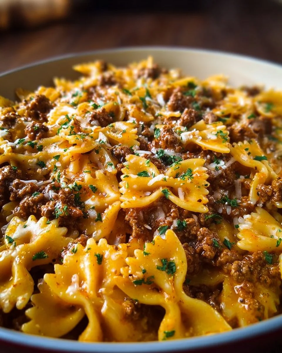 Cajun Cream Cheese Alfredo Bowties with Spiced Ground Beef