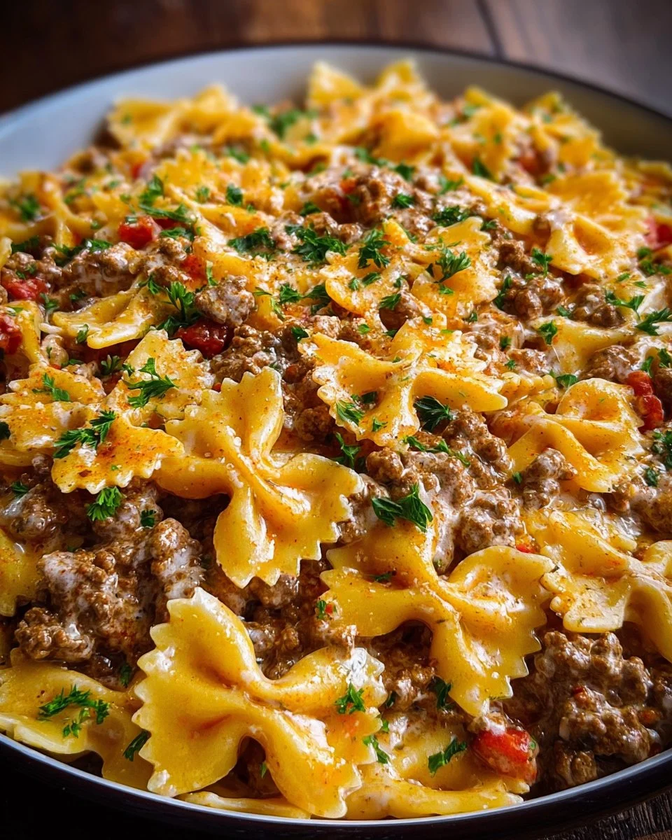 Cajun Cream Cheese Alfredo Bowties with Spiced Ground Beef