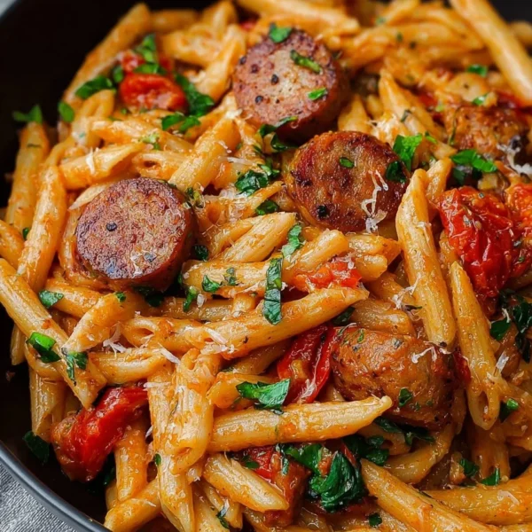 Delicious Cajun Sausage Pasta dish with vibrant colors and rich flavors.