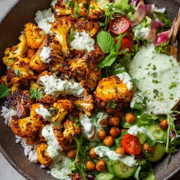 Cauliflower shawarma bowl with fresh vegetables and tahini sauce