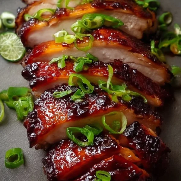 Deliciously cooked Char Siu Chicken served with vibrant vegetables
