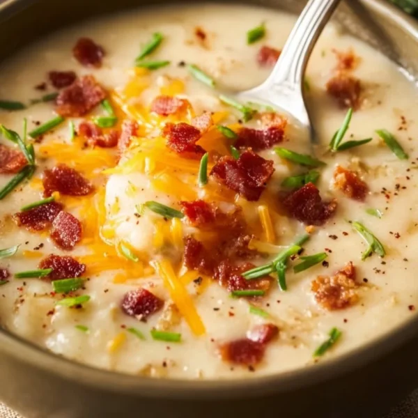 Delicious cheesy potato soup topped with crispy hash browns.