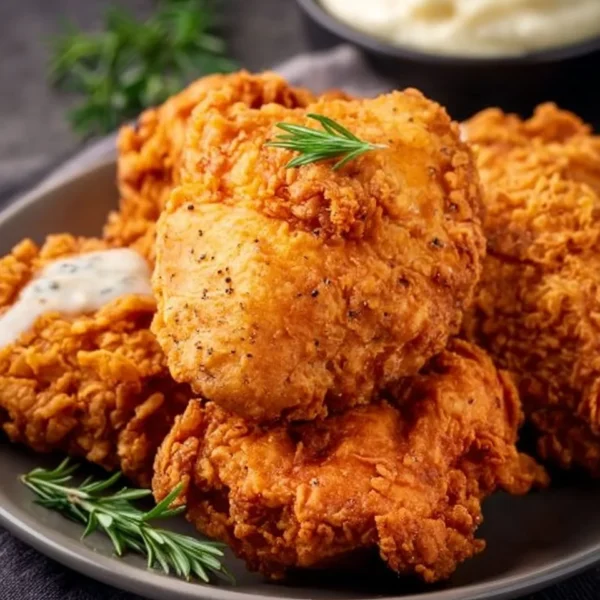 Deliciously crispy fried chicken served on a plate with sides.