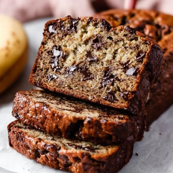 Slice of chocolate chip banana bread on a wooden table