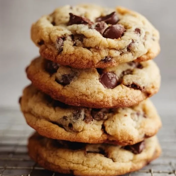 Freshly baked chocolate chip cookies on a cooling rack