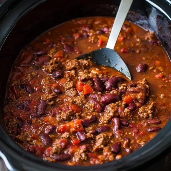 Delicious classic slow cooker chili served in a bowl with toppings