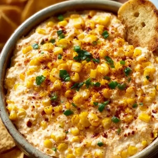 Delicious bowl of creamy Corn Dip served with tortilla chips.