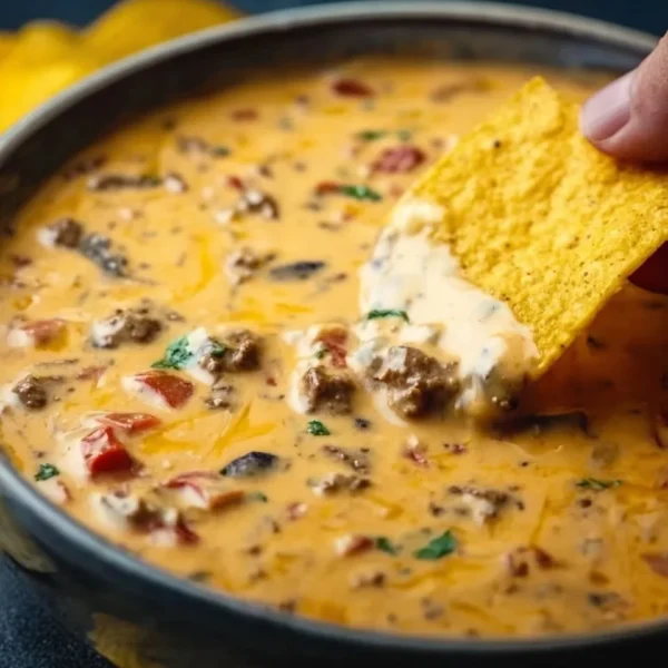 Creamy Cowboy Queso dip served with tortilla chips