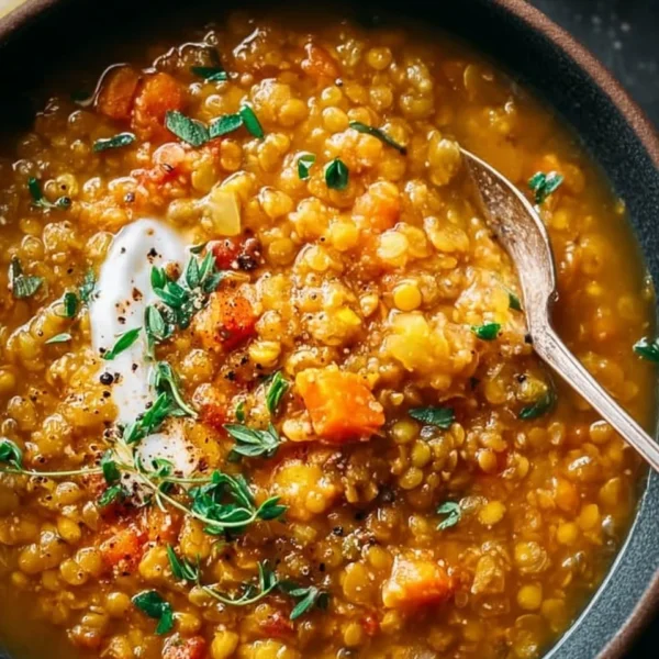 Bowl of cozy anti-inflammatory lentil soup garnished with herbs