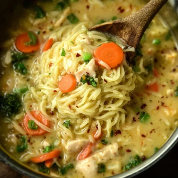 A bowl of Crack Chicken Noodle Soup garnished with herbs and surrounded by ingredients.