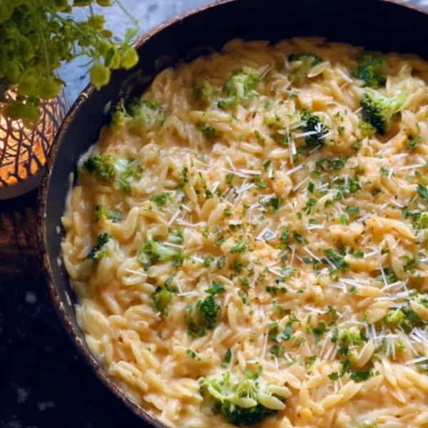 Creamy broccoli cheddar orzo dish topped with fresh herbs