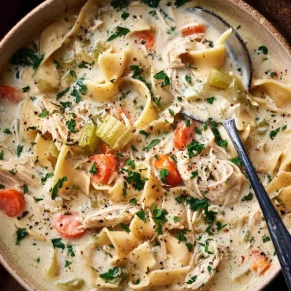Bowl of creamy chicken noodle soup with vegetables and herbs