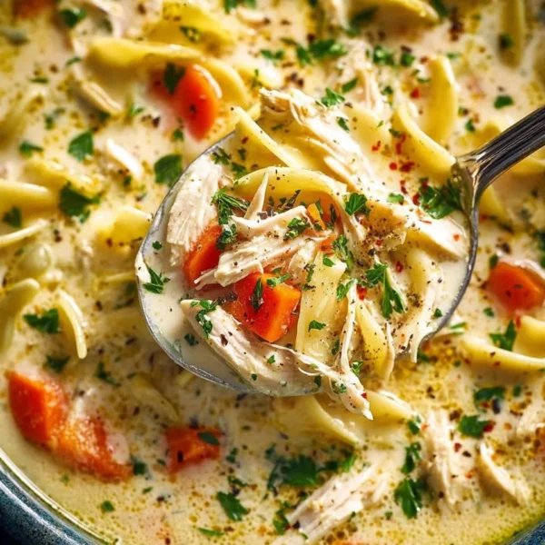 Bowl of creamy chicken noodle soup with tender chicken and vegetables