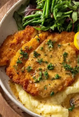 Creamy chicken schnitzel served with a side of vegetables and sauce.