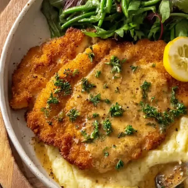 Creamy chicken schnitzel served with a side of vegetables and sauce.