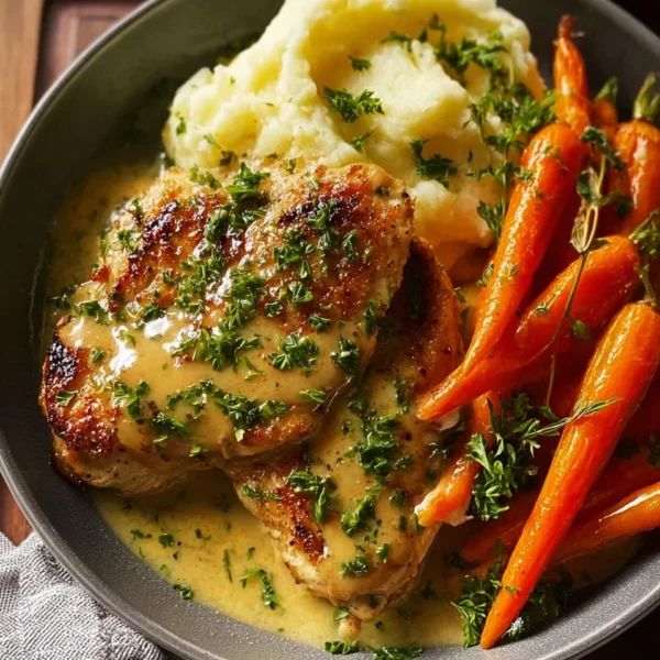 Creamy herb chicken with mashed potatoes and glazed carrots on a dinner plate