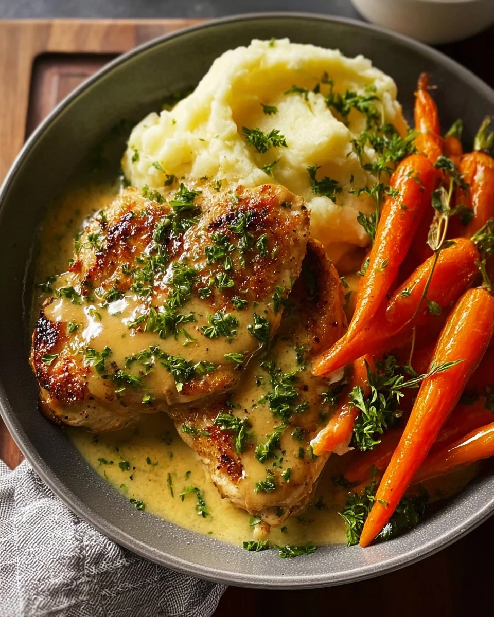 Creamy Herb Chicken with Mashed Potatoes & Glazed Carrots: A Complete Comfort Food Dinner