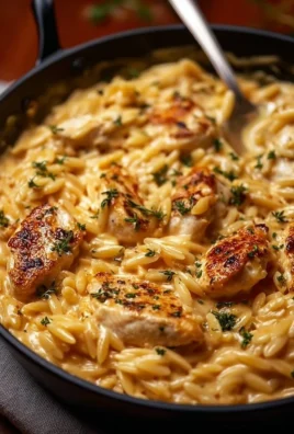 Creamy orzo pasta dish with chicken and herbs in a white bowl