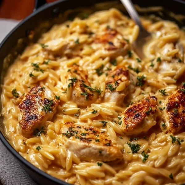 Creamy orzo pasta dish with chicken and herbs in a white bowl