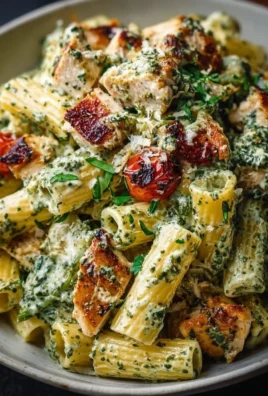 Creamy pesto chicken pasta served in a bowl with fresh basil and grated cheese