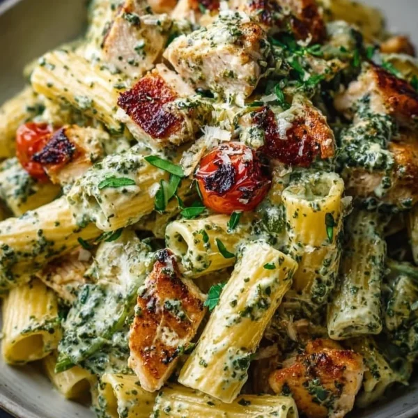 Creamy pesto chicken pasta served in a bowl with fresh basil and grated cheese