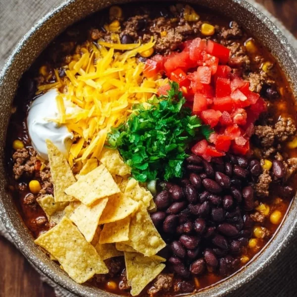 Delicious creamy taco soup garnished with cheese and avocado