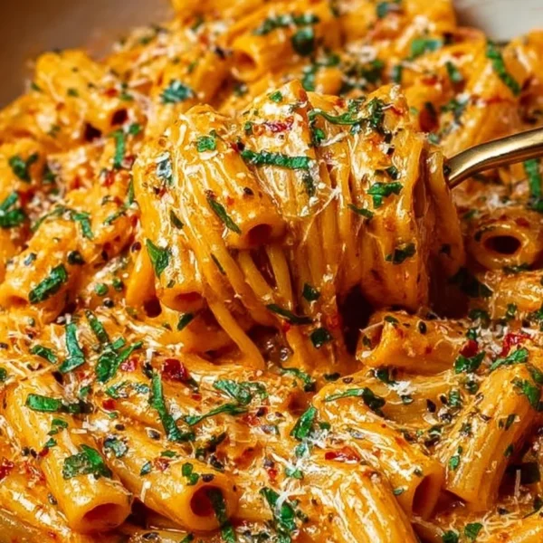 A delicious plate of creamy tomato garlic pasta topped with fresh basil.