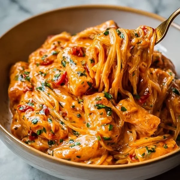 Creamy tomato garlic pasta garnished with fresh basil