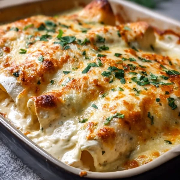Delicious creamy white chicken enchiladas topped with cheese and cilantro