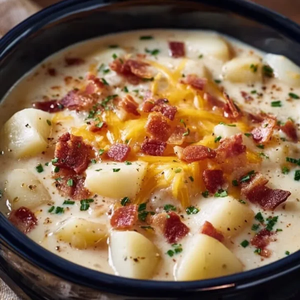 Crock Pot crack potato soup served in a bowl with toppings.
