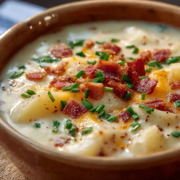 Delicious bowl of Crock Pot Crack Potato Soup topped with green onions and cheese