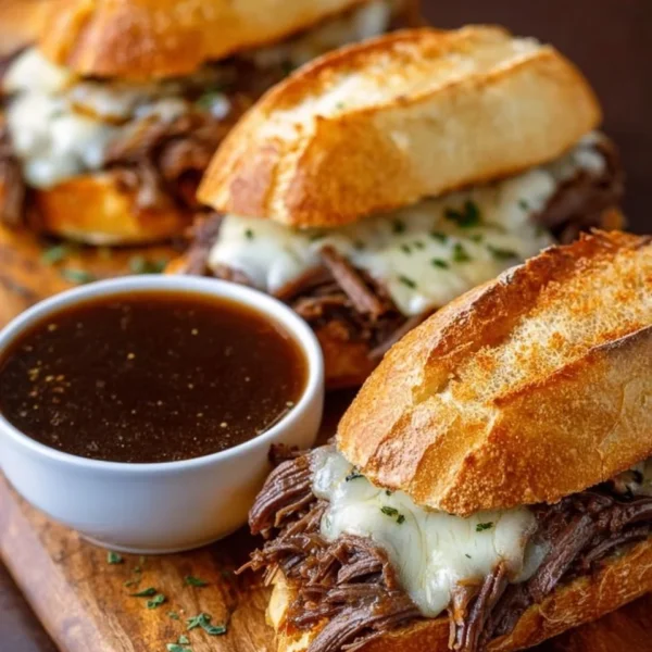 Crockpot French Dip Sandwiches with juicy beef, cheese, and rich au jus