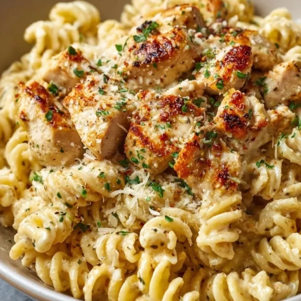 Crockpot Garlic Parmesan Chicken Pasta served in a bowl garnished with parsley.