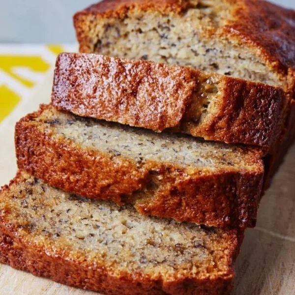 Moist homemade banana bread sliced and served on a plate
