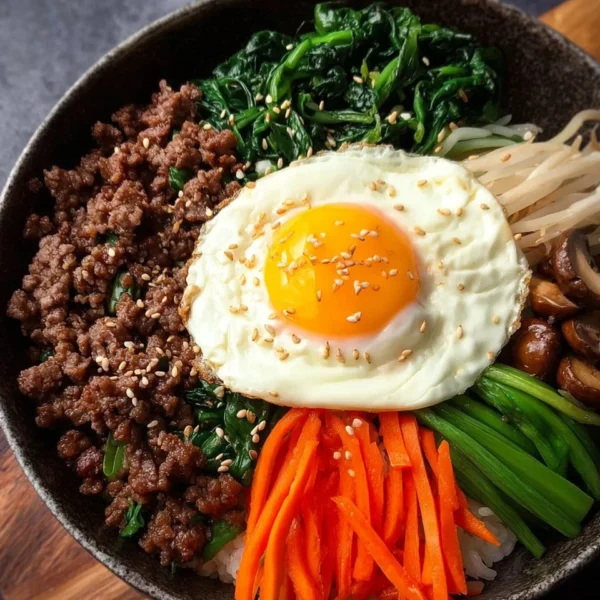 Delicious Easy Bibimbap served in a bowl with colorful vegetables and egg