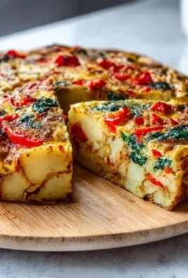 Easy frittata with potatoes, red peppers, and spinach cooked in a skillet.