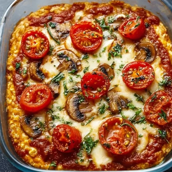 High protein cottage cheese pizza bowl topped with vegetables and cheese