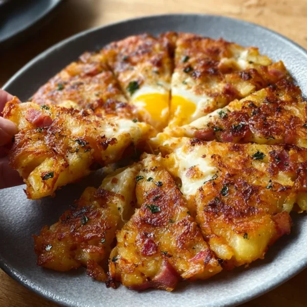Delicious fried potato cheese hash served in a bowl with herbs.