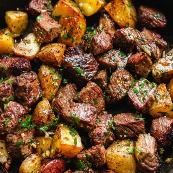 Delicious garlic butter steak bites served with crispy potatoes.
