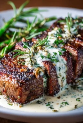 Sizzling garlic butter steak topped with creamy parmesan sauce on a platter.