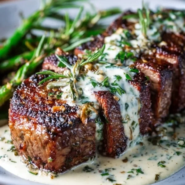 Sizzling garlic butter steak topped with creamy parmesan sauce on a platter.