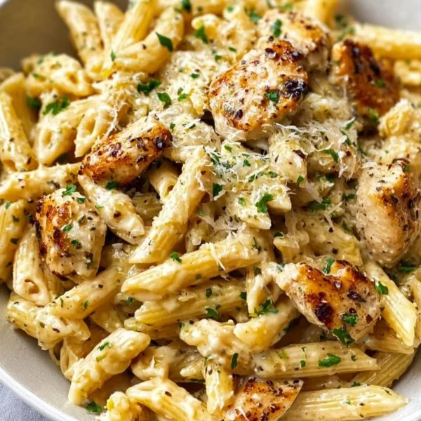Creamy Garlic Parmesan Chicken Pasta served in a bowl with parsley garnish