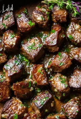 Delicious Garlic Steak Bites served with herbs in a skillet.