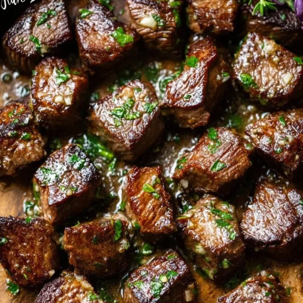 Delicious Garlic Steak Bites served with herbs in a skillet.