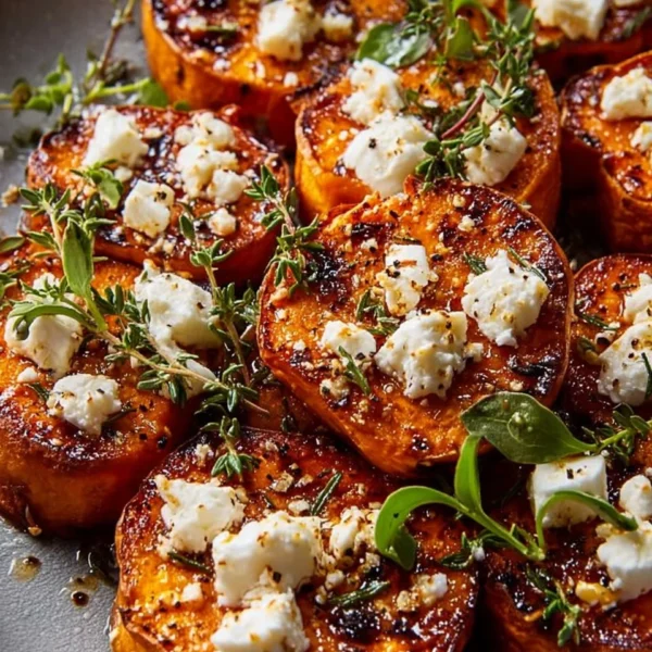 Gourmet Honey Feta Sweet Potato Rounds with honey drizzle and feta cheese