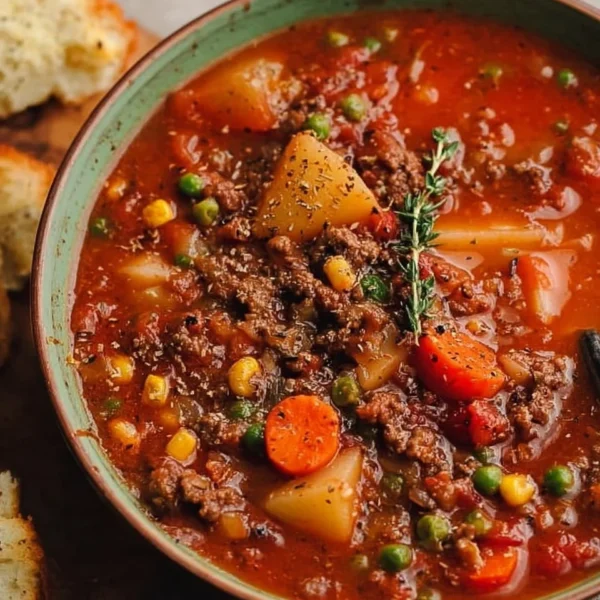 Bowl of delicious Hamburger Soup garnished with fresh herbs
