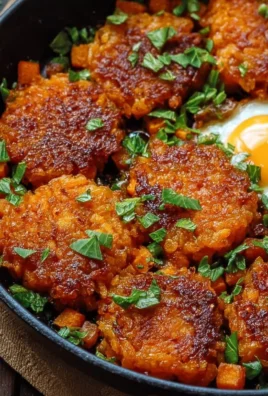 Plate of healthy sweet potato hash browns garnished with herbs
