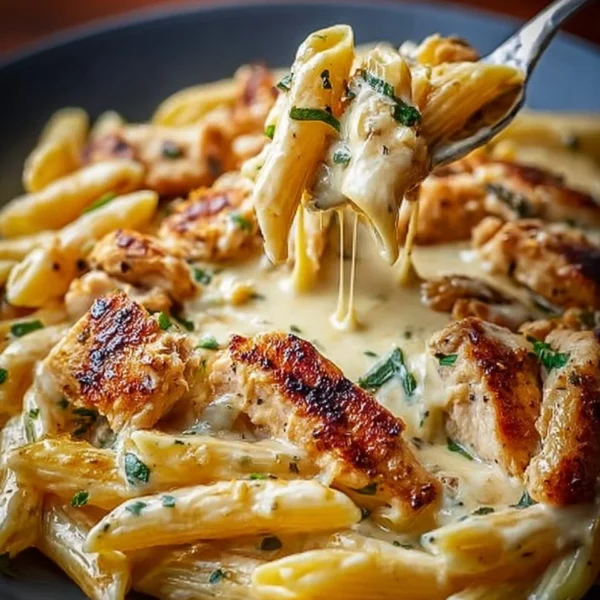 Garlic Butter Chicken Penne with Creamy Three-Cheese Sauce dish