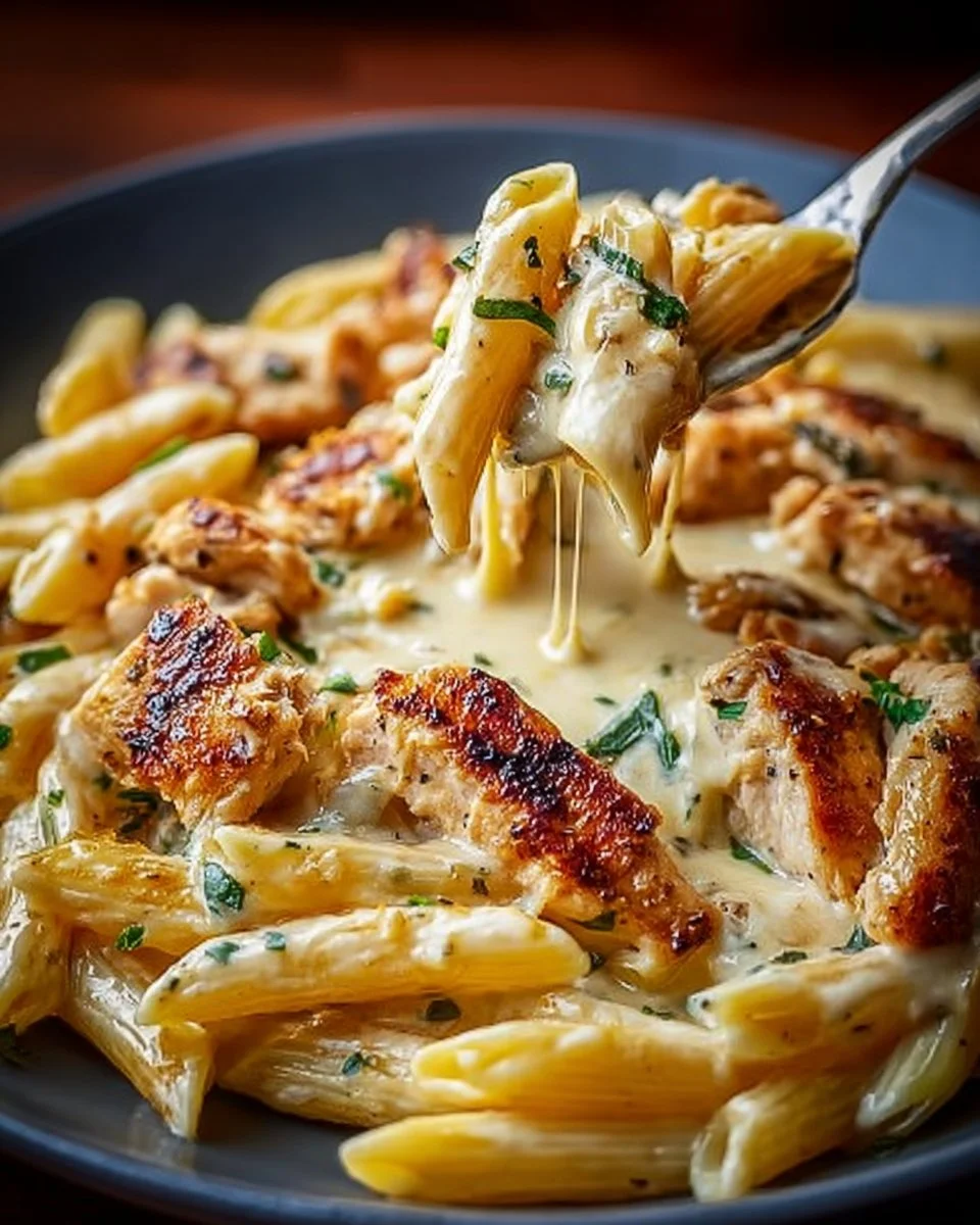 Indulgent Garlic Butter Chicken Penne with Creamy Three-Cheese Sauce