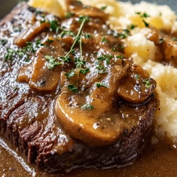 Instant Pot round steak cooked in gravy served on a plate with vegetables